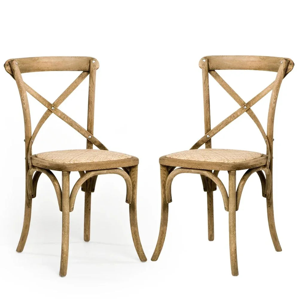 Rustic wooden dining chairs with woven seats, French country farmhouse style