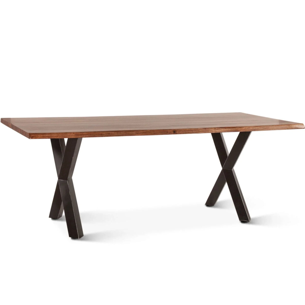 Rustic dark wood rectangular dining table with black X-shaped metal legs in farmhouse style.