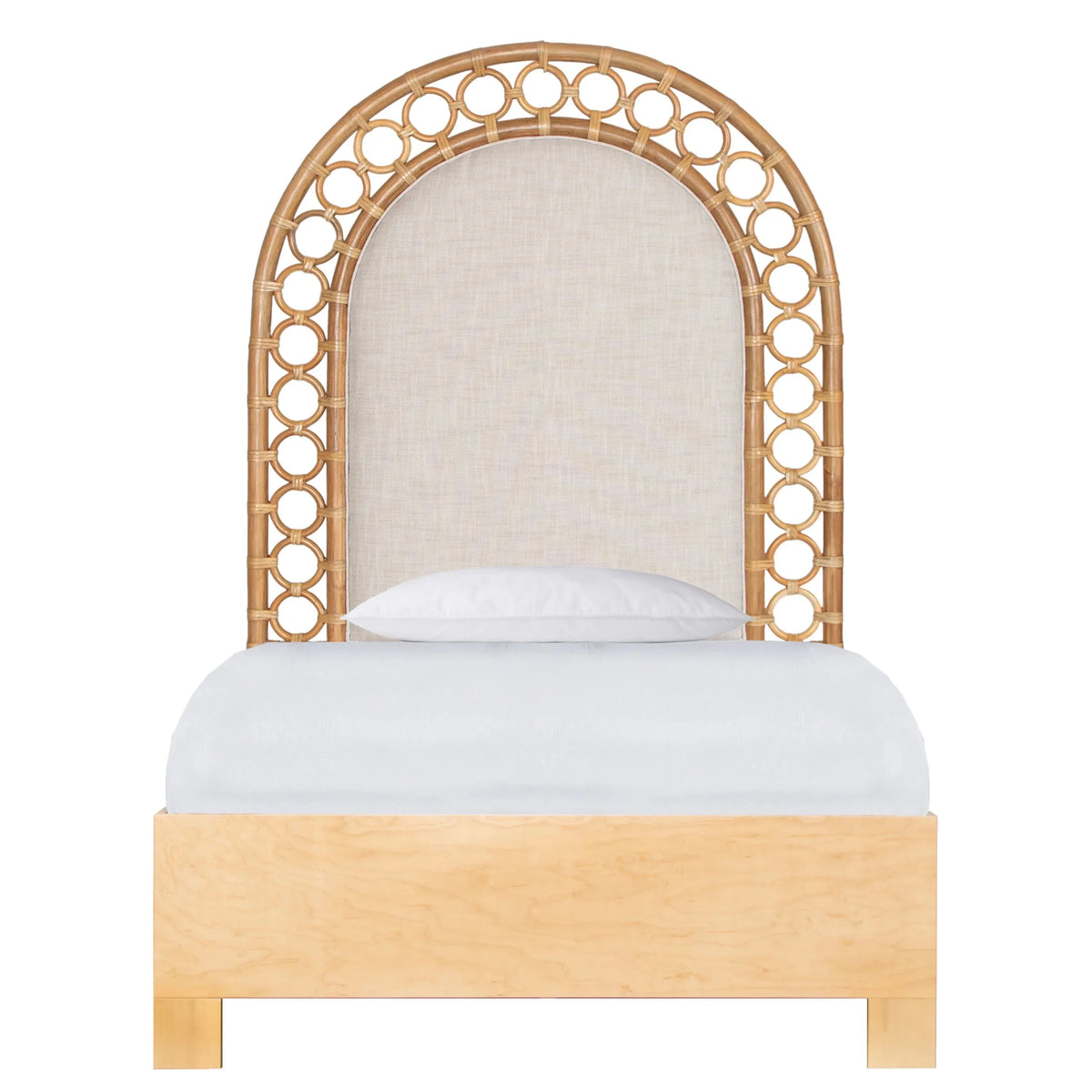 Natural boho twin bed with arched rattan headboard and light wood frame.