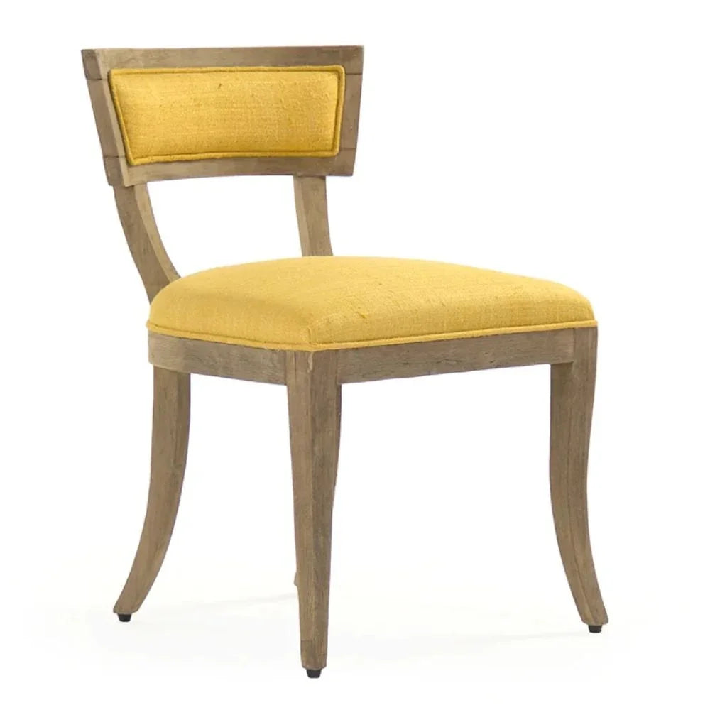 Yellow upholstered dining chair with rustic wood frame, French country style