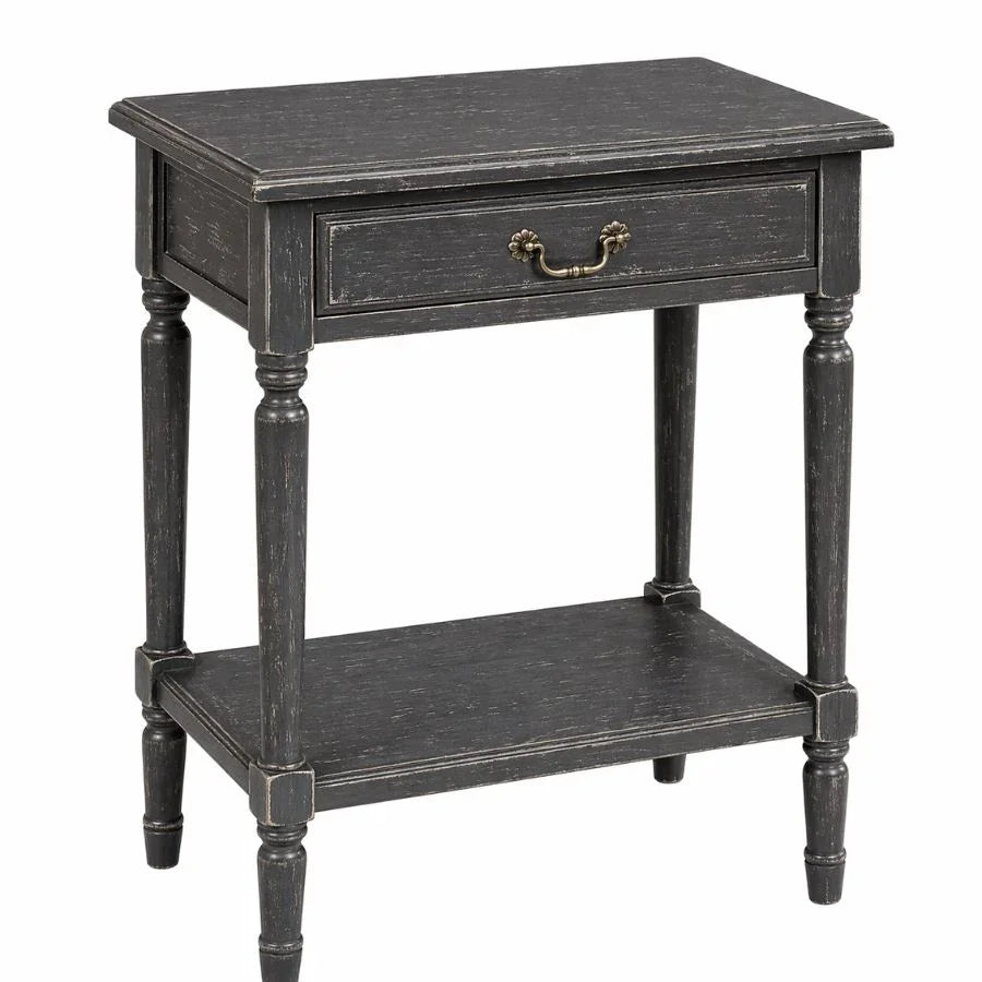 Distressed black French country side table with drawer and lower shelf, shabby chic style