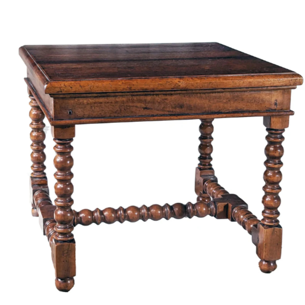 Antique dark wood side table with bobbin-turned legs in French country style