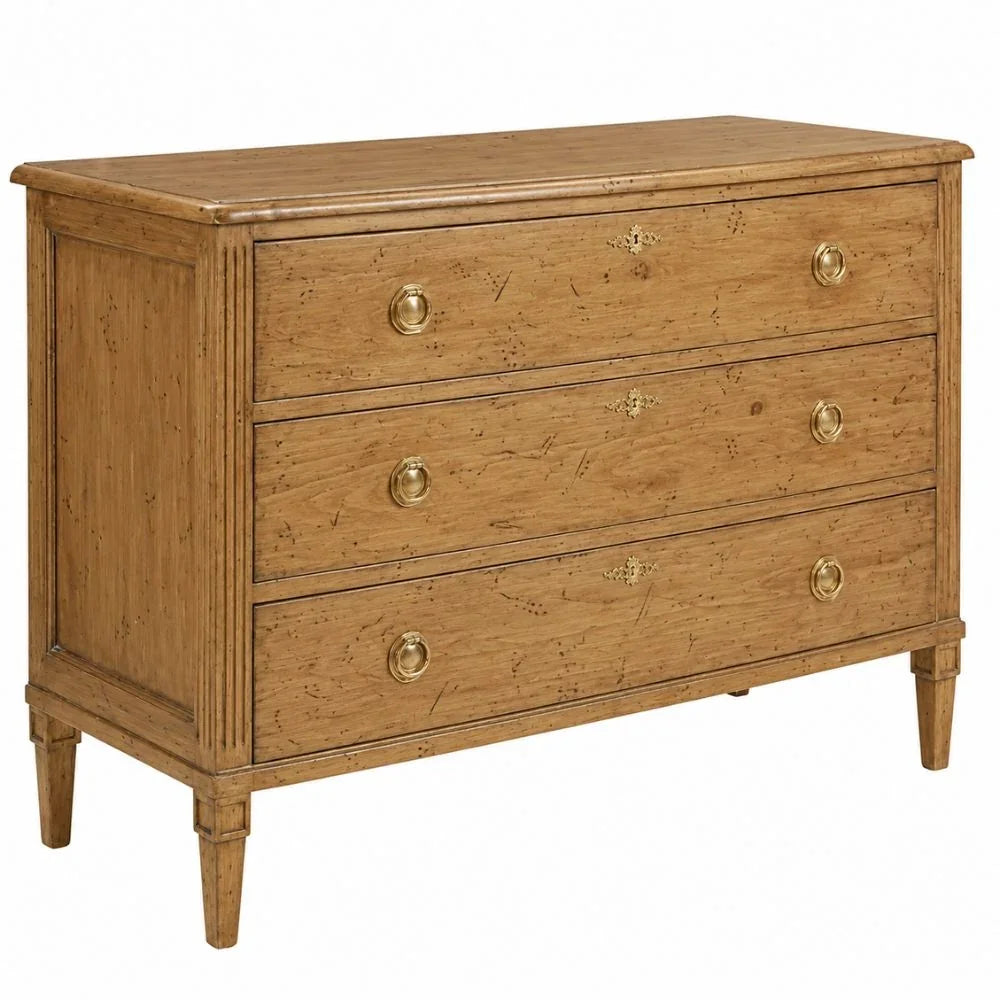 Rustic wooden dresser with three drawers, gold knobs, and French country design