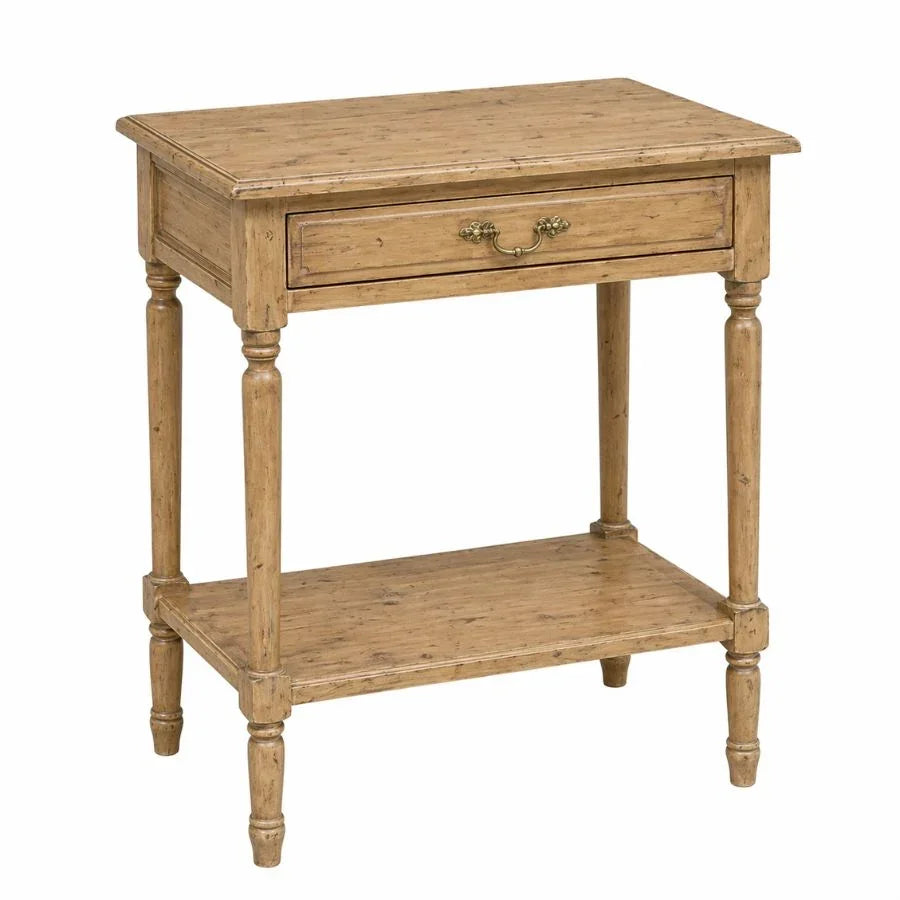 Rustic French country side table with drawer and lower shelf, natural wood finish, turned legs