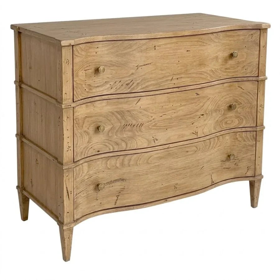 Rustic French country dresser with curved drawers and natural wood finish