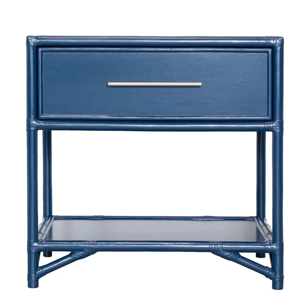 Navy blue coastal style nightstand with a single drawer and open bottom shelf.