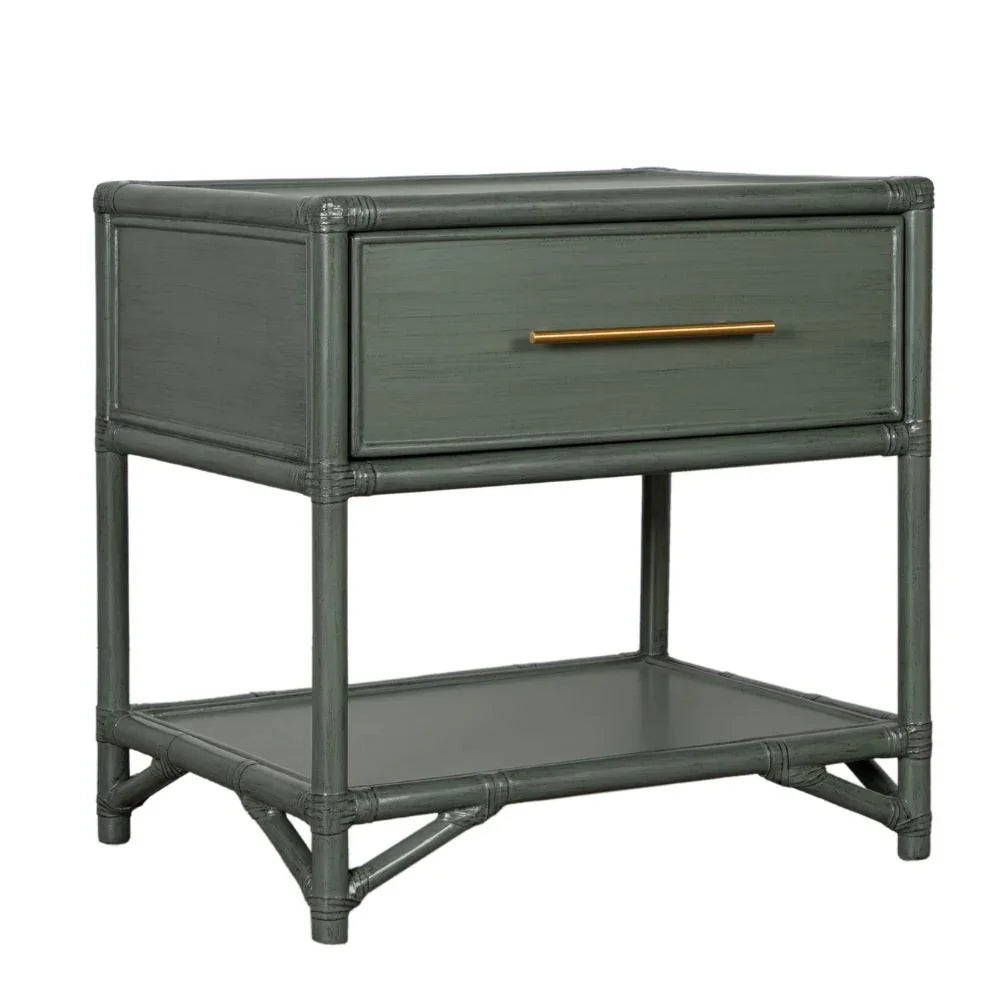 Coastal style grey bamboo nightstand with one drawer and an open bottom shelf.