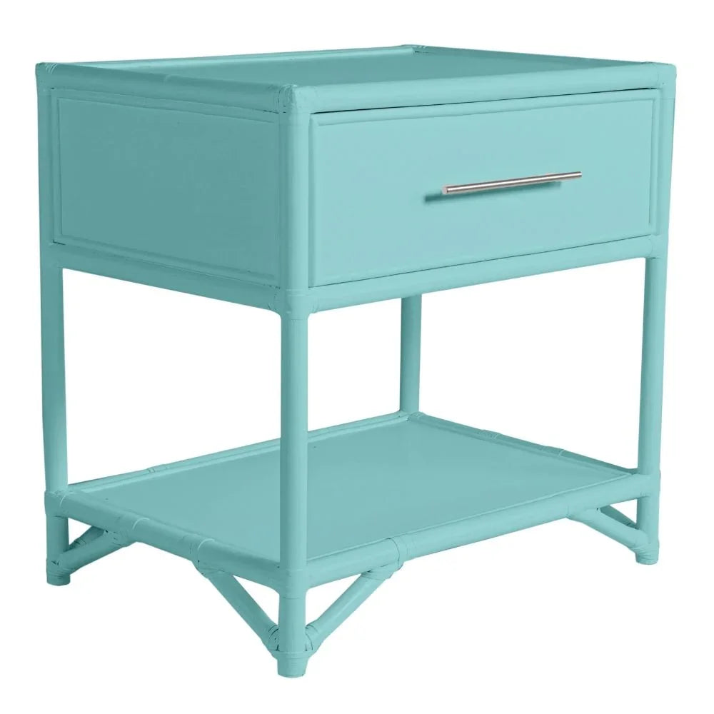Coastal style turquoise bamboo nightstand with one drawer and an open bottom shelf.