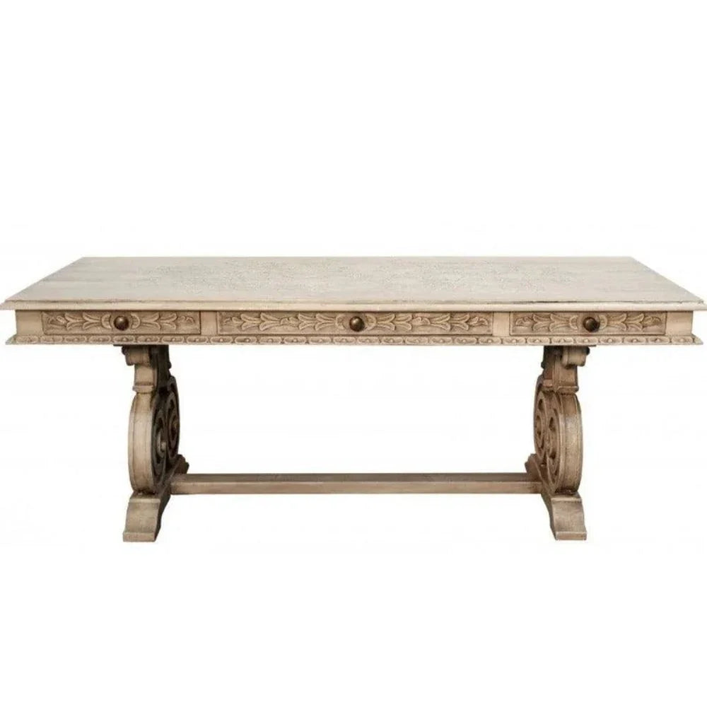 French country dining table with carved details and distressed finish, perfect for shabby chic or farmhouse decor