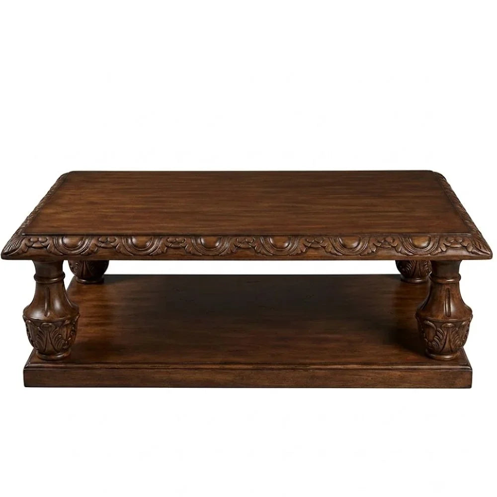 Ornately Carved Wood Stained Coffee Table
