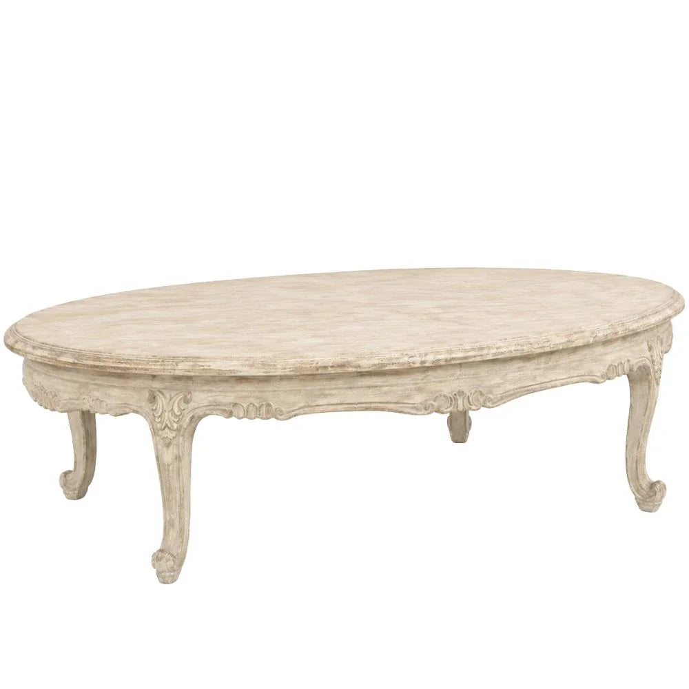 Elegant oval coffee table with ornate legs in shabby chic style