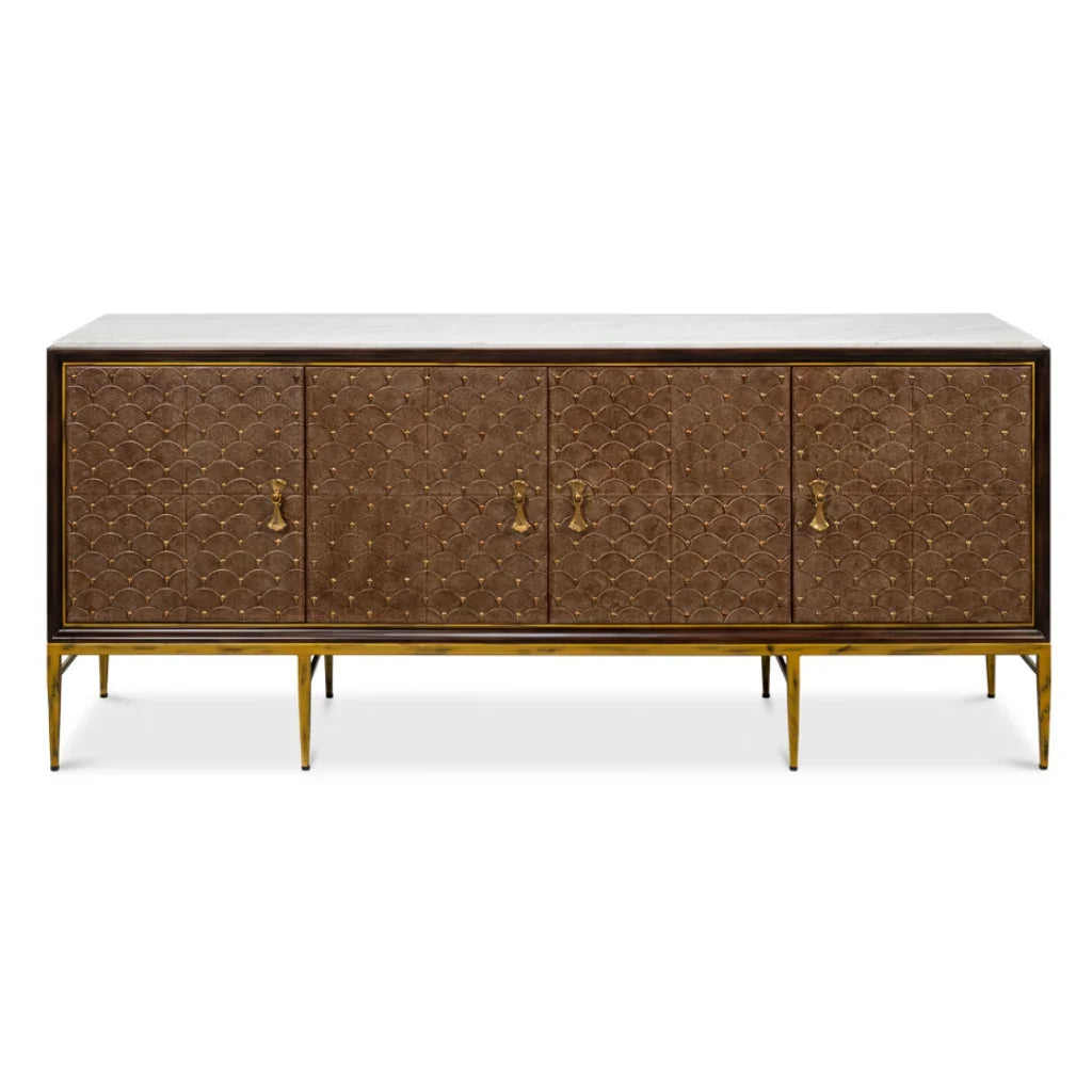 Brown patterned sideboard with gold hardware and legs in a French country style