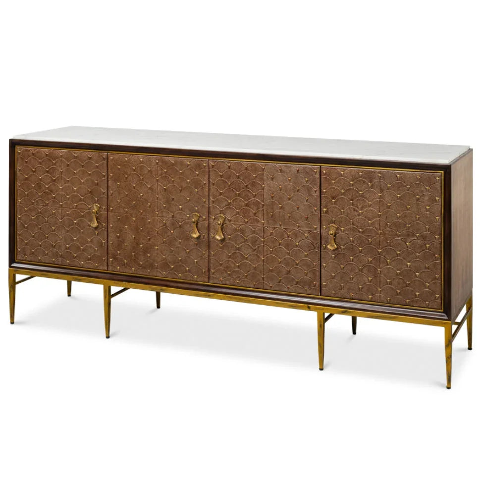 Brown textured sideboard with white marble top and gold legs in an antique style.