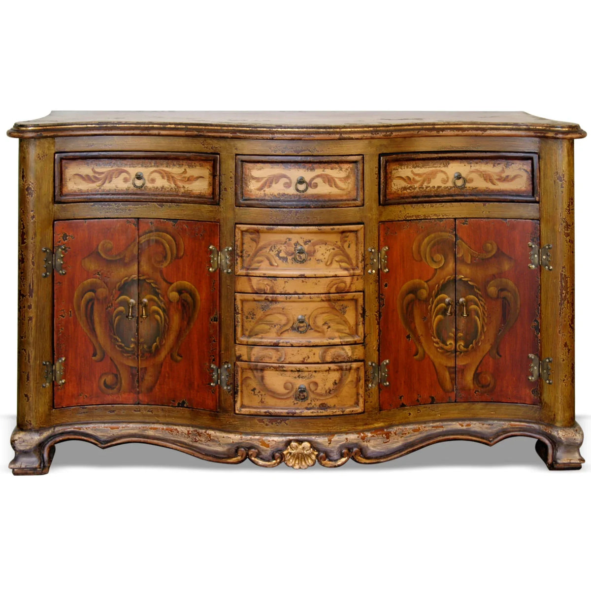 Antique French country sideboard with hand-painted floral details in rustic red and gold.