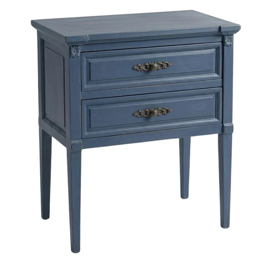 Blue French country style nightstand with two drawers and ornate hardware