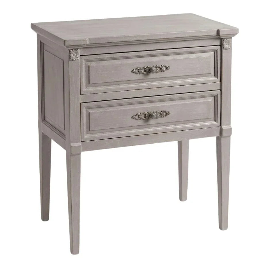 Grey French country style nightstand with two drawers and ornate silver handles.