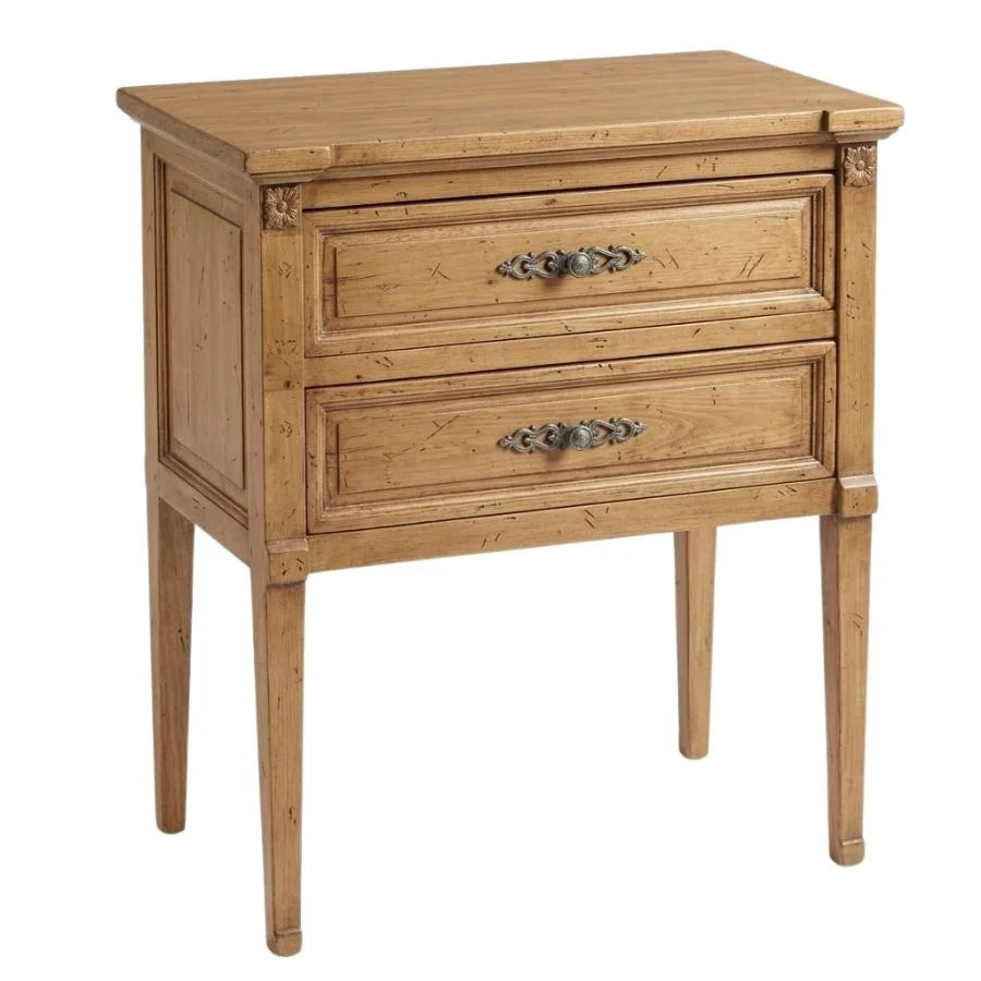 French country style light wood nightstand with two drawers and ornate metal pulls