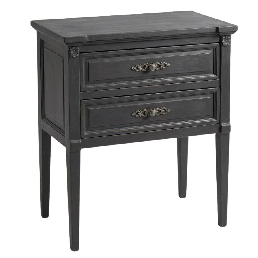 French country style grey wooden nightstand with two drawers and ornate handles