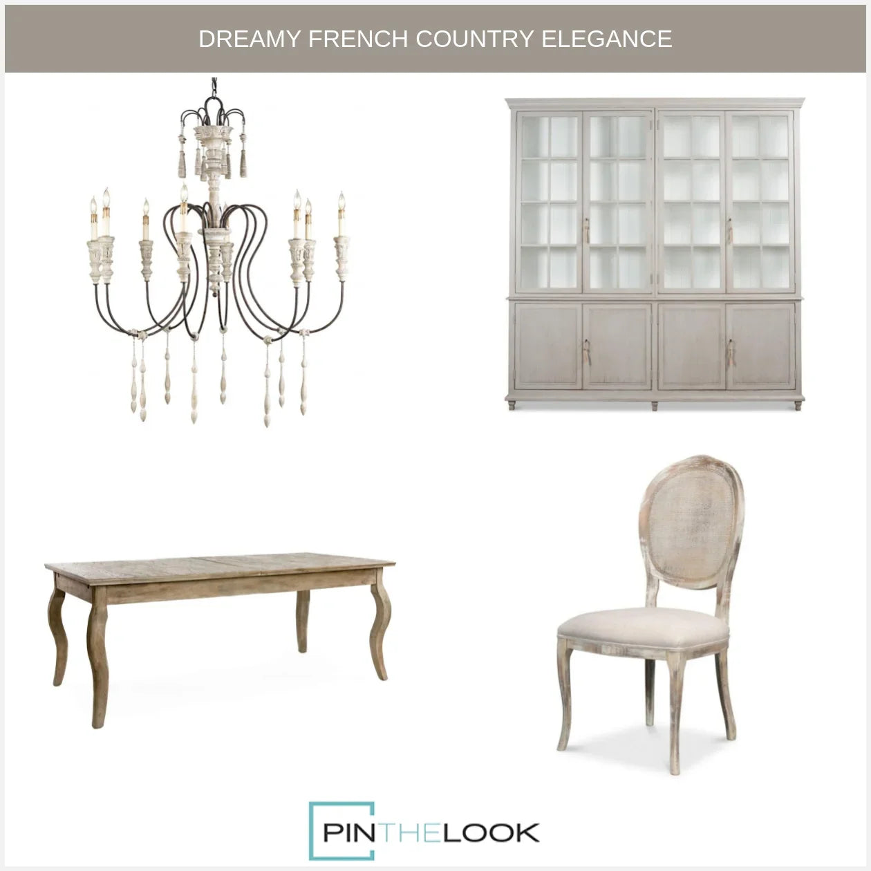 French country dining set with chandelier, hutch, table, and chair in shabby chic style