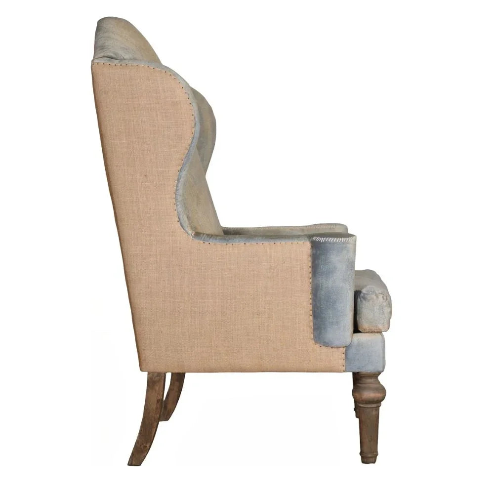 Plush Blue Velvet and Burlap Accent Chair