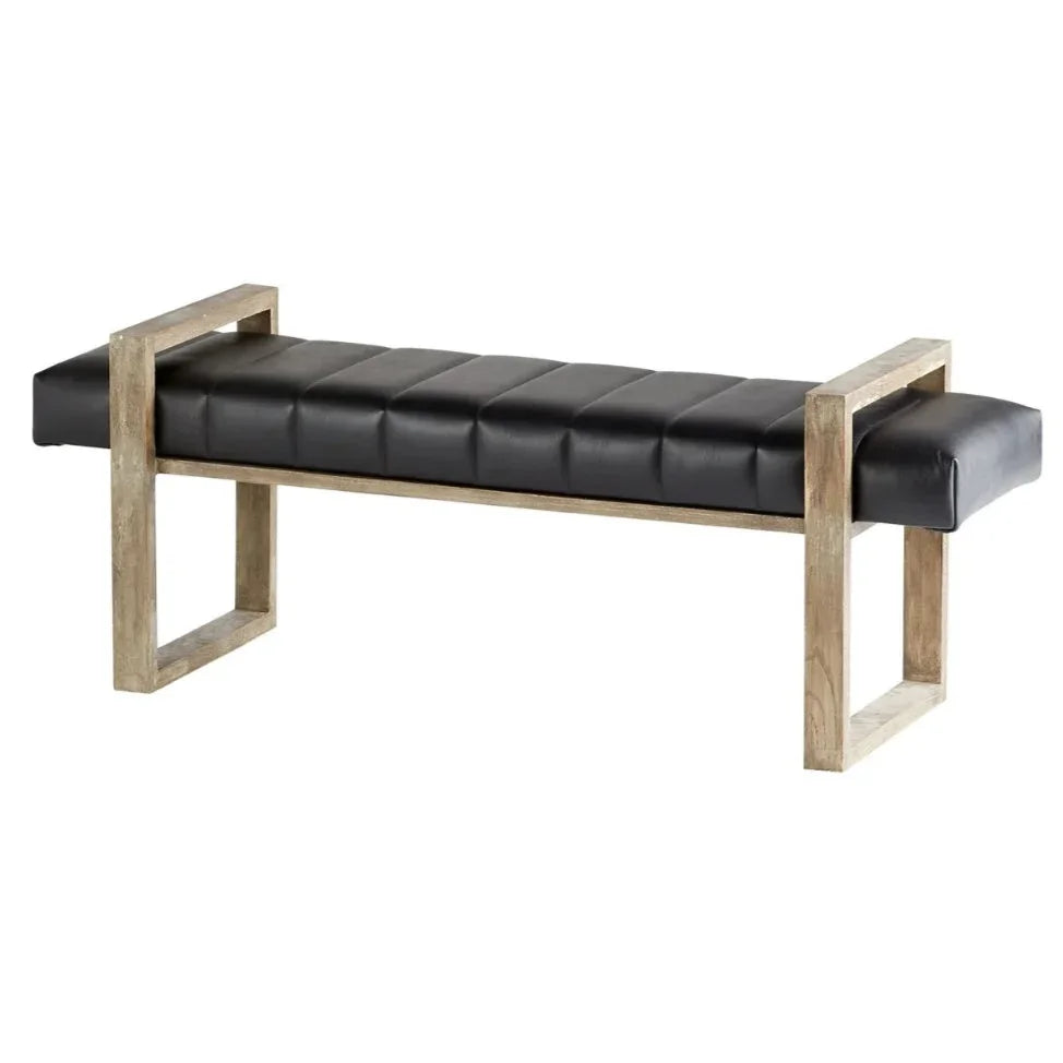 Black tufted leather bench with rustic wood frame, modern farmhouse style seating