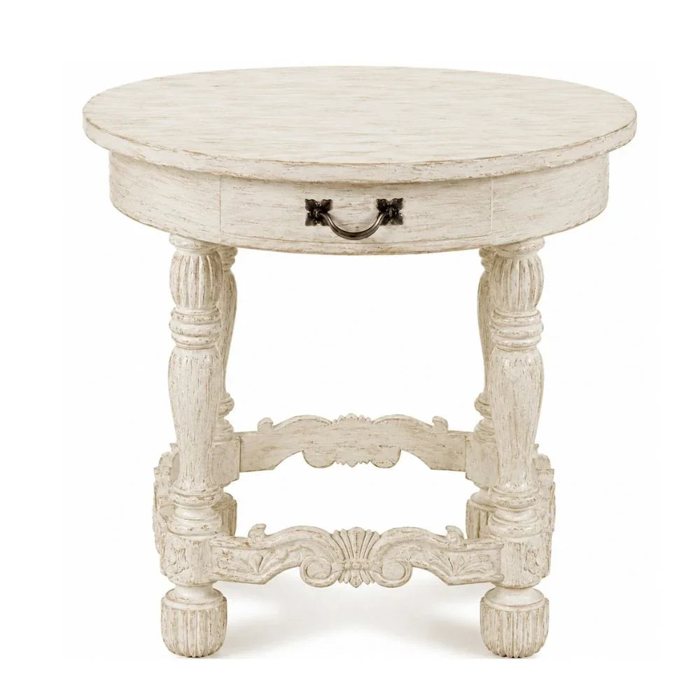 Provencal White Round Side Table with a Drawer