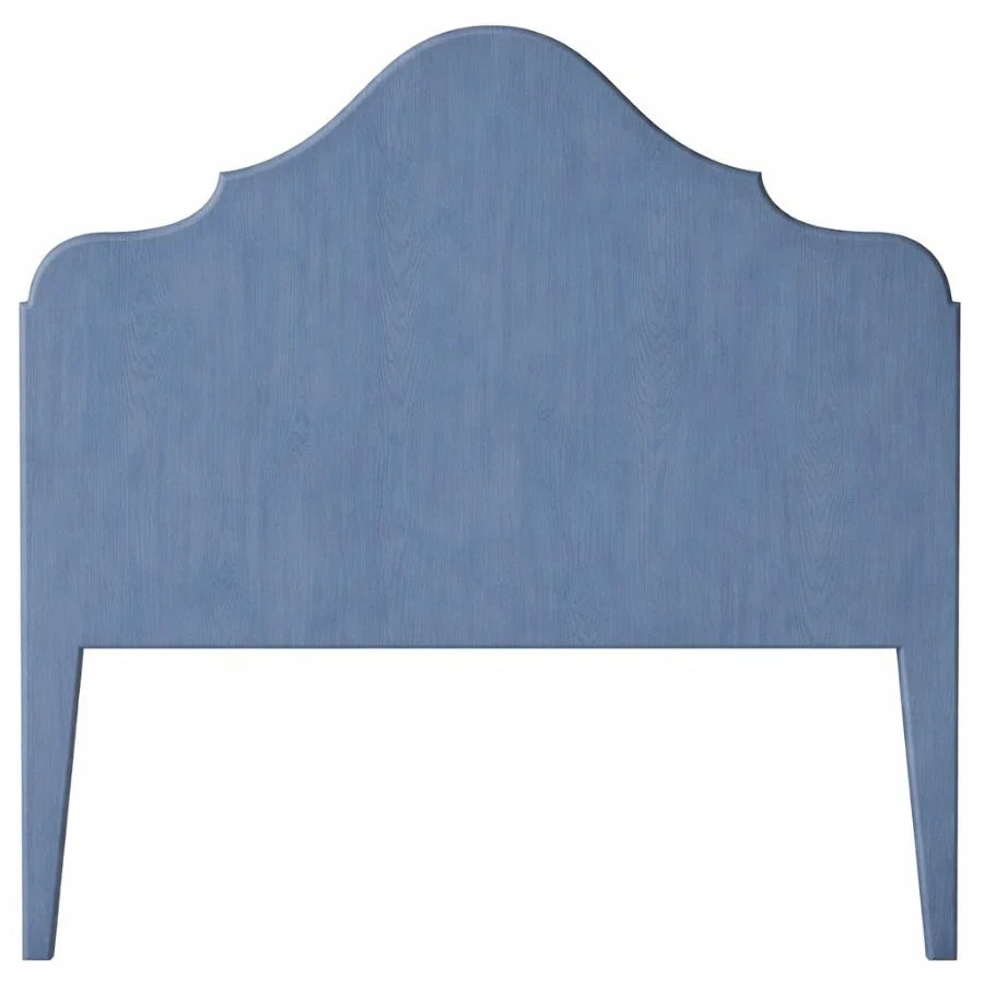 Blue French country style wooden headboard with arched top and subtle grain texture
