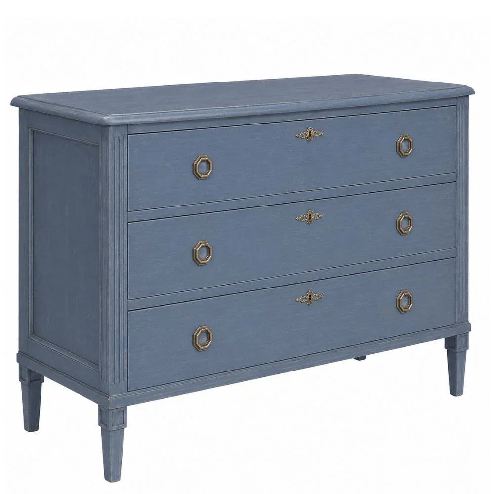 Blue French country dresser with brass hardware and elegant legs