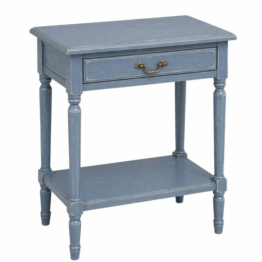 Distressed blue French country side table with drawer and lower shelf, shabby chic style