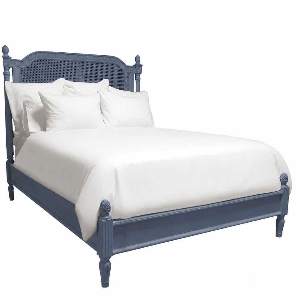 French country style blue cane bed with white linens