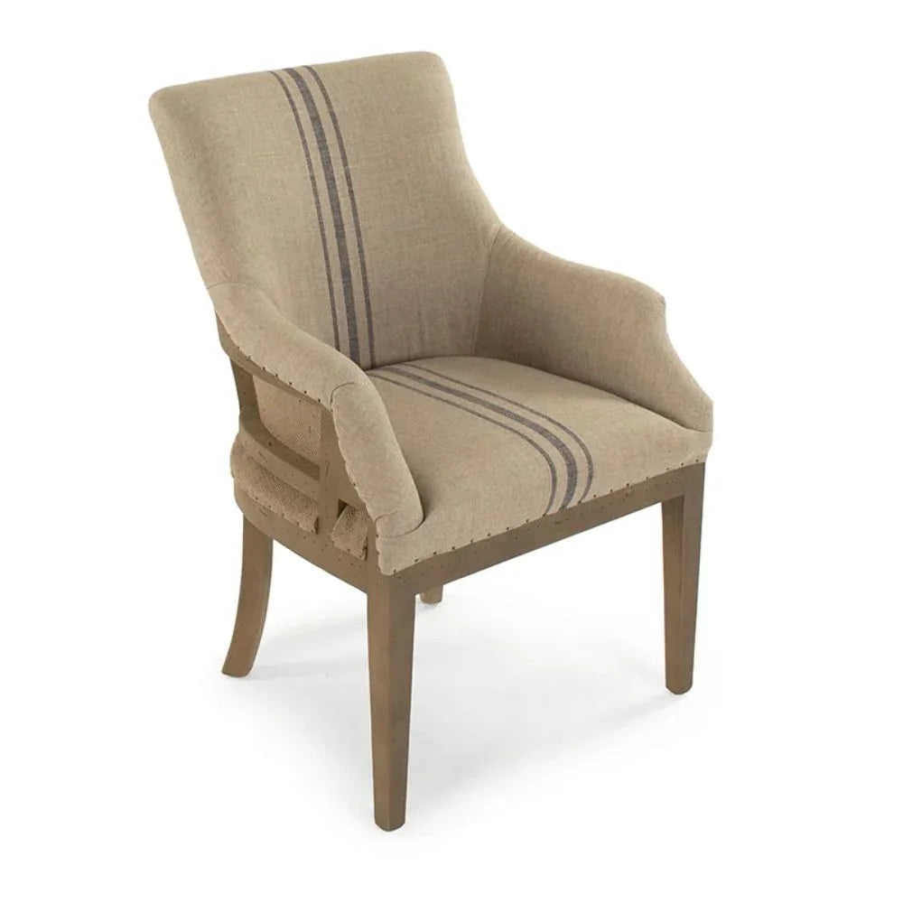 French country armchair with striped linen upholstery and wooden frame, perfect for shabby chic or farmhouse decor.