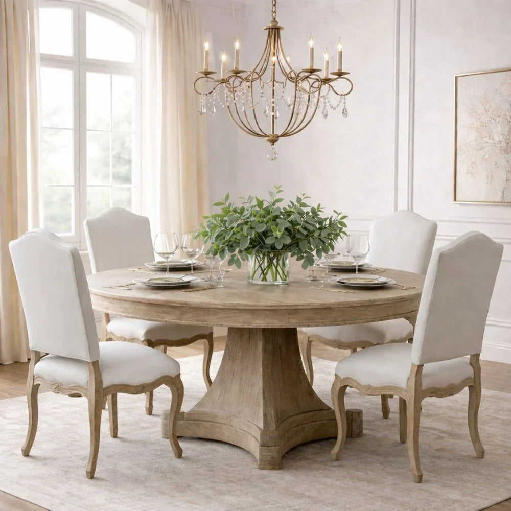 Rustic round dining table with white upholstered chairs in French country style