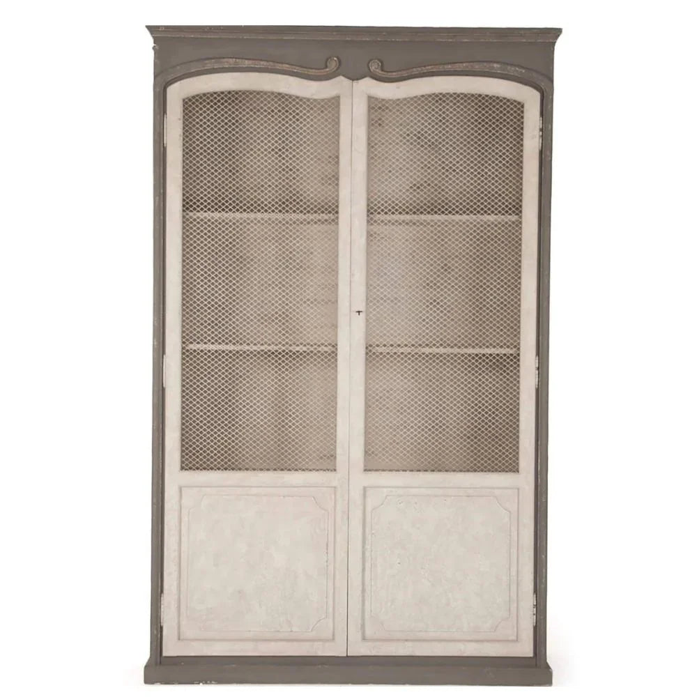 French country armoire with mesh doors and distressed finish, perfect for shabby chic or farmhouse decor
