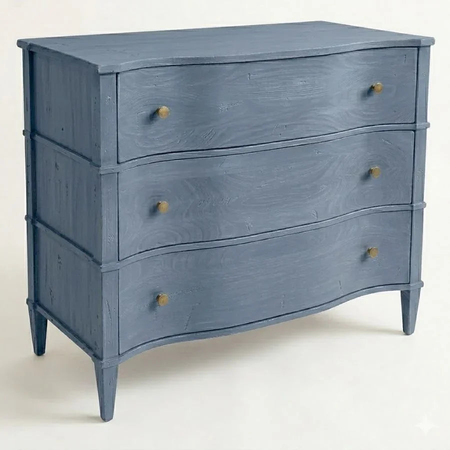 Blue curved dresser with brass knobs, French country style furniture