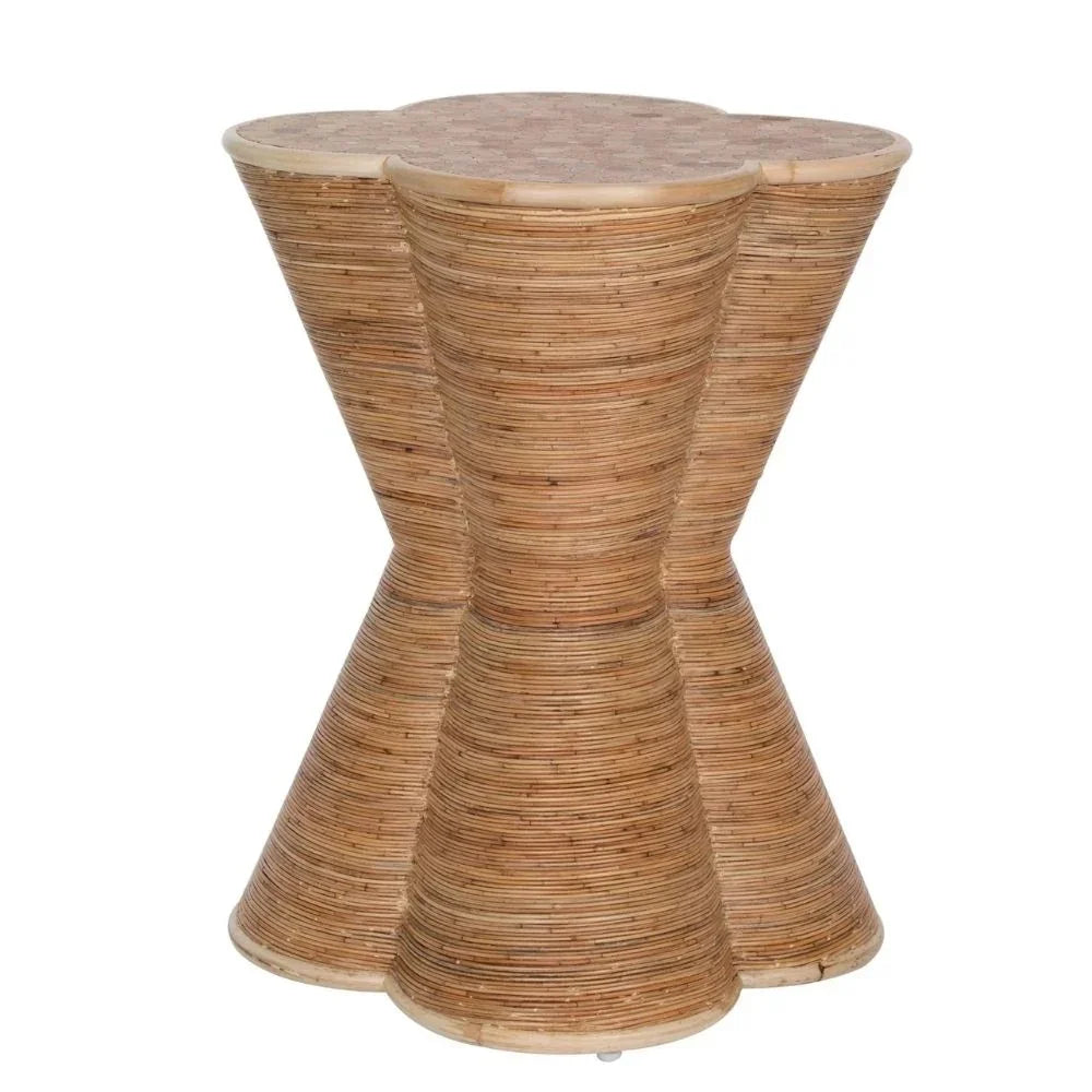 Natural boho rattan side table with an hourglass shape and woven texture.