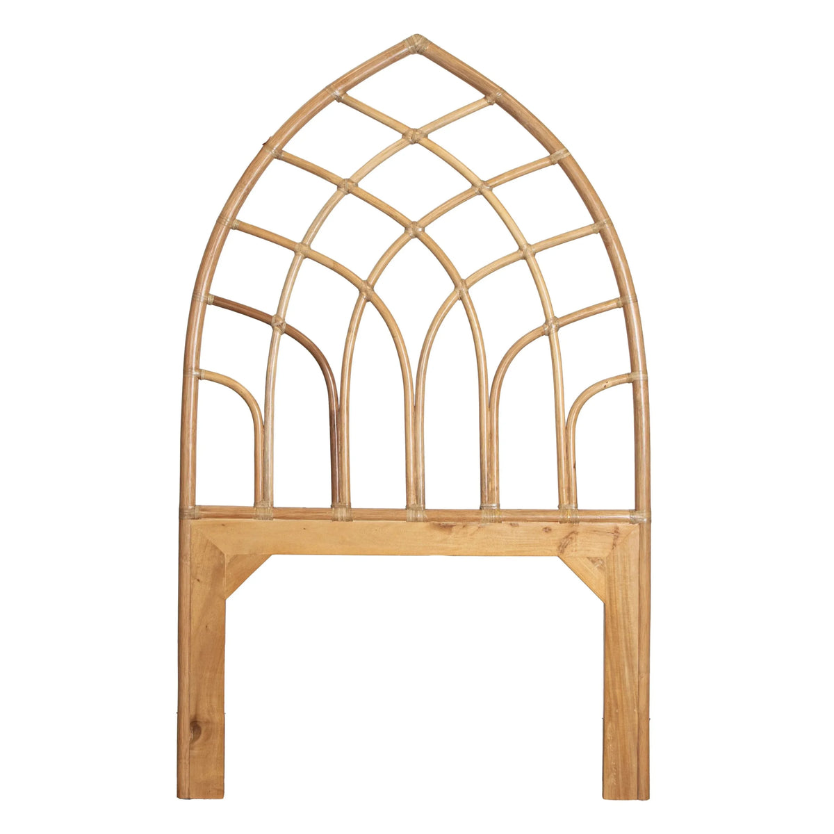 Natural boho rattan headboard with arched gothic lattice design in light wood tone