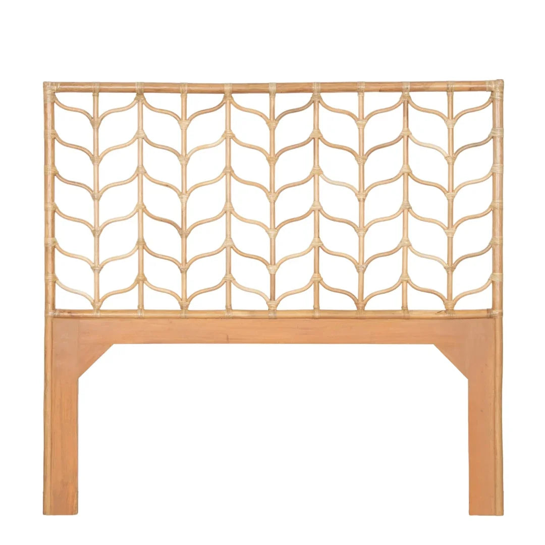 Natural boho rattan headboard with a light wood frame and intricate woven design.