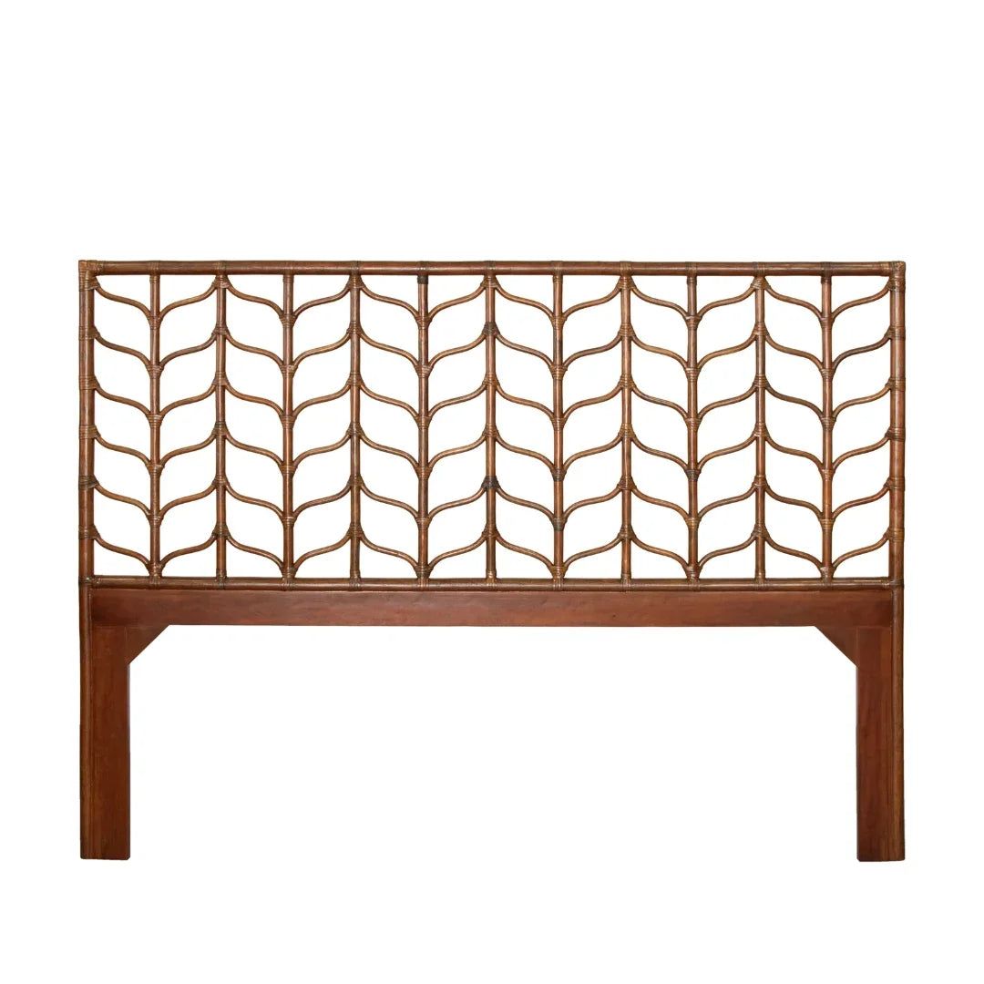 Brown bamboo headboard with natural boho trellis design and wooden frame