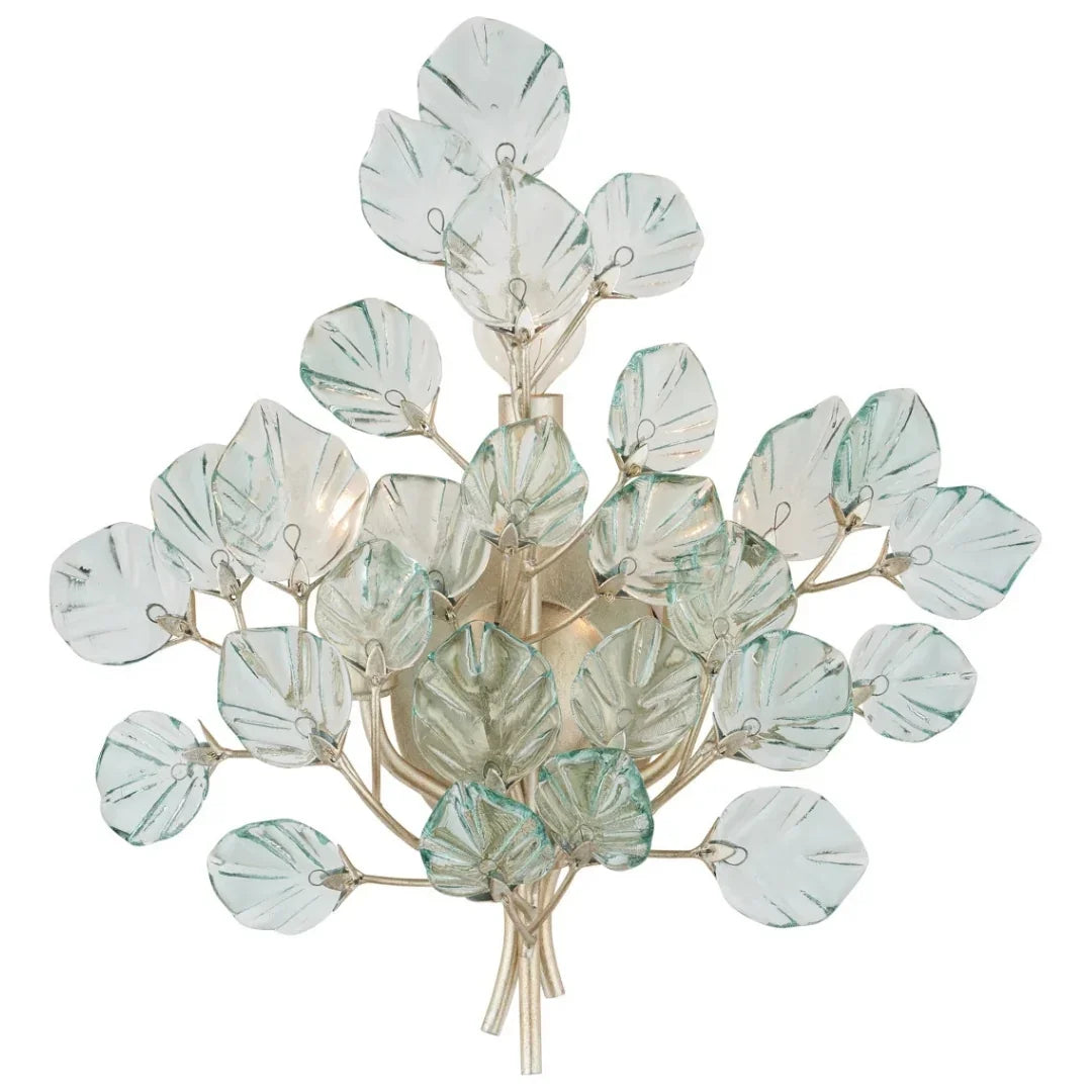 Elegant glass leaf wall sconce with gold branches, perfect for coastal or shabby chic decor