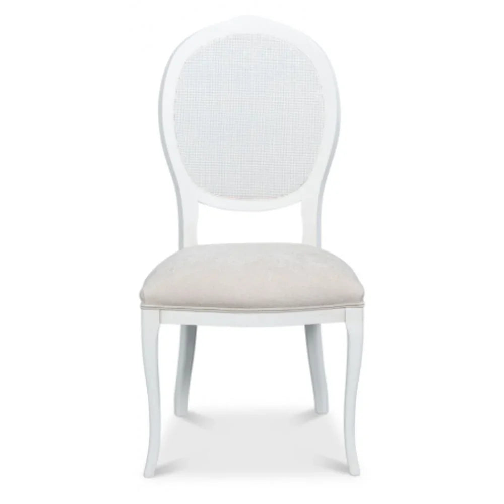 White French country style chair with an oval cane back and light beige upholstered seat.