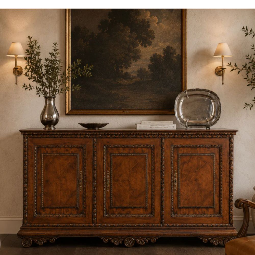 Rich Ribbon Trimmed Wood Sideboard