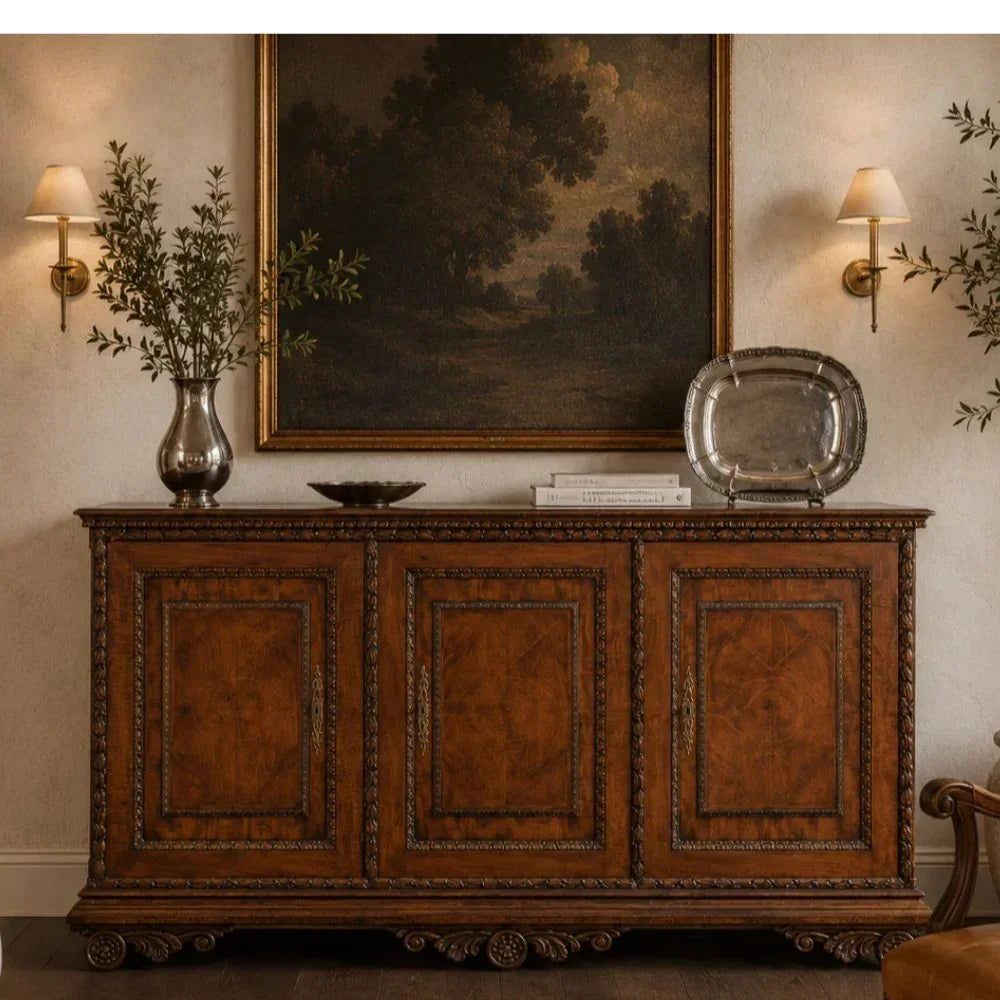 Rich Ribbon Trimmed Wood Sideboard