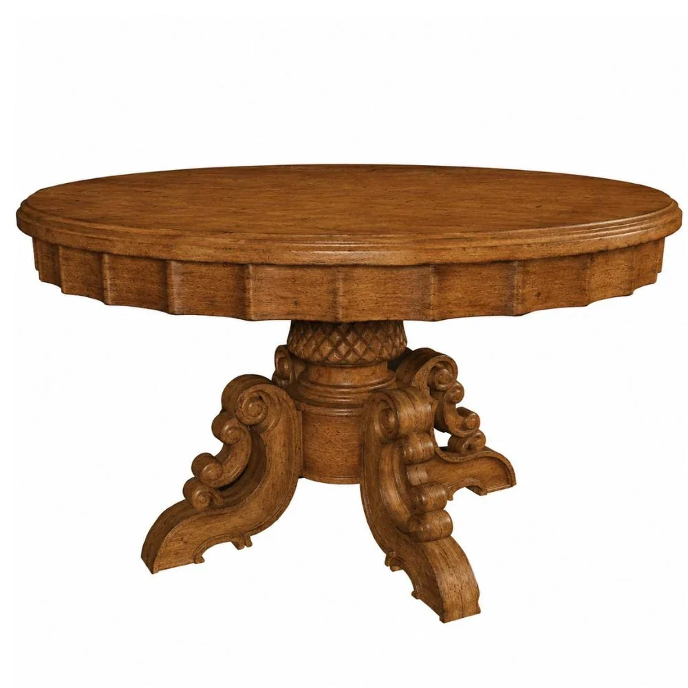 Round French country pedestal table with carved scroll legs and scalloped edge, rustic wood finish