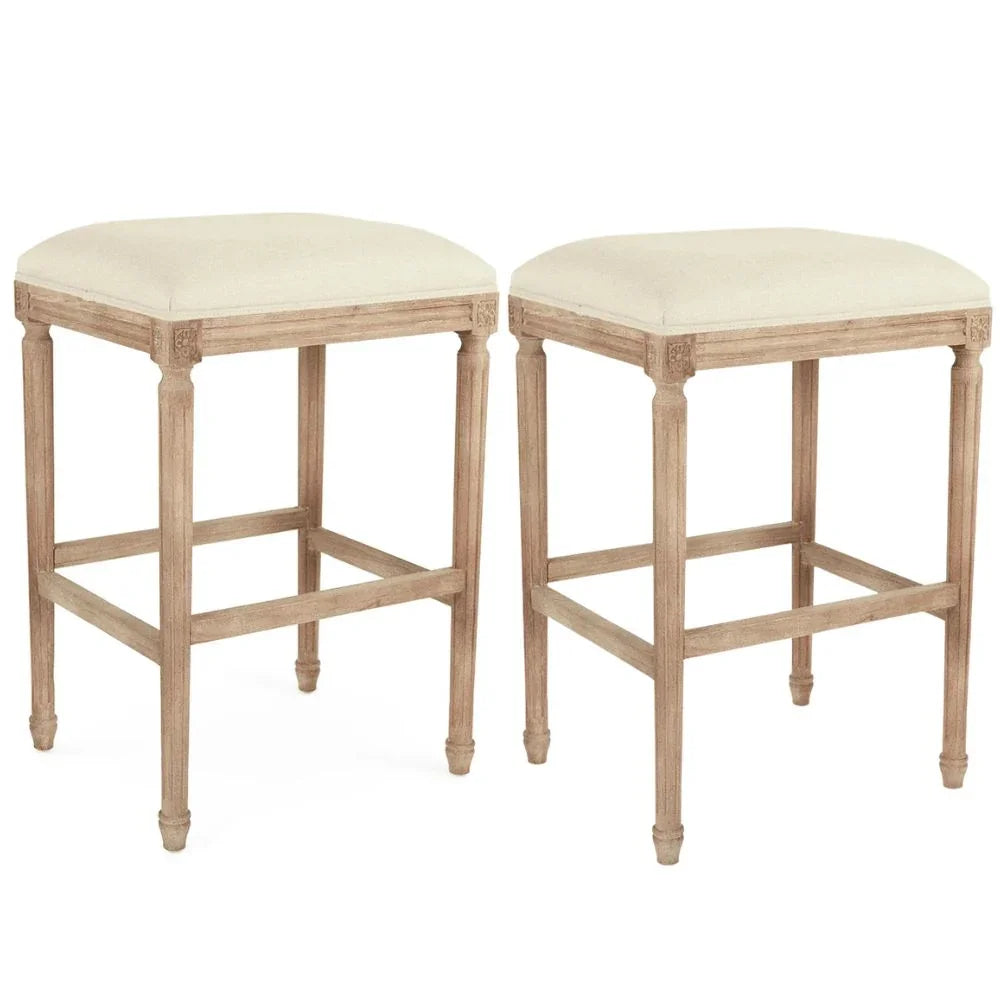 Set of two French country bar stools with cream upholstery and distressed wood finish