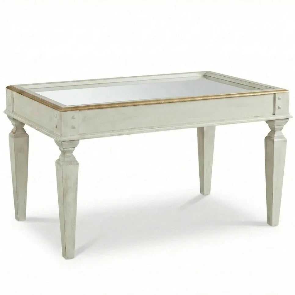 French country style coffee table with mirrored top in off-white finish