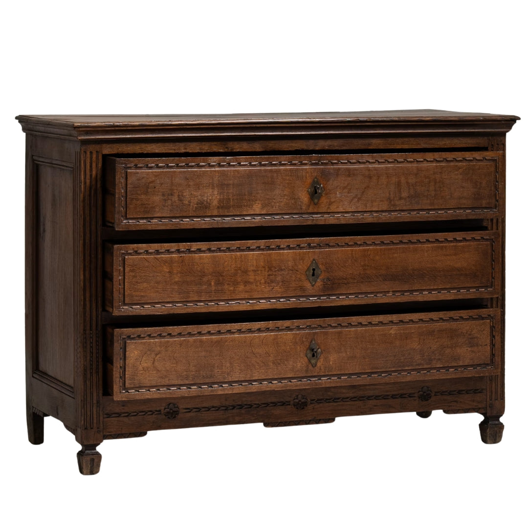 Rustic European Carved Wood Three Drawer Chest, Circa 1860
