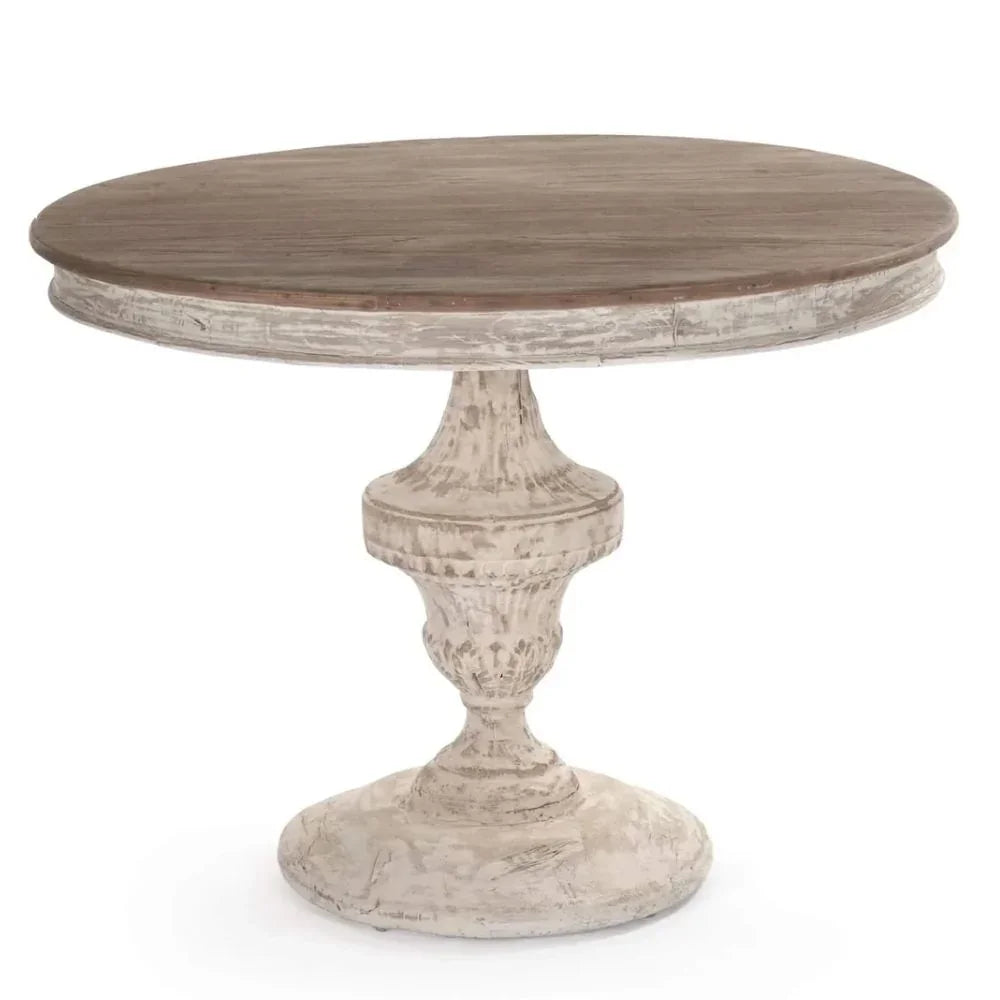 Round distressed pedestal table in shabby chic farmhouse style with weathered white base and natural wood top