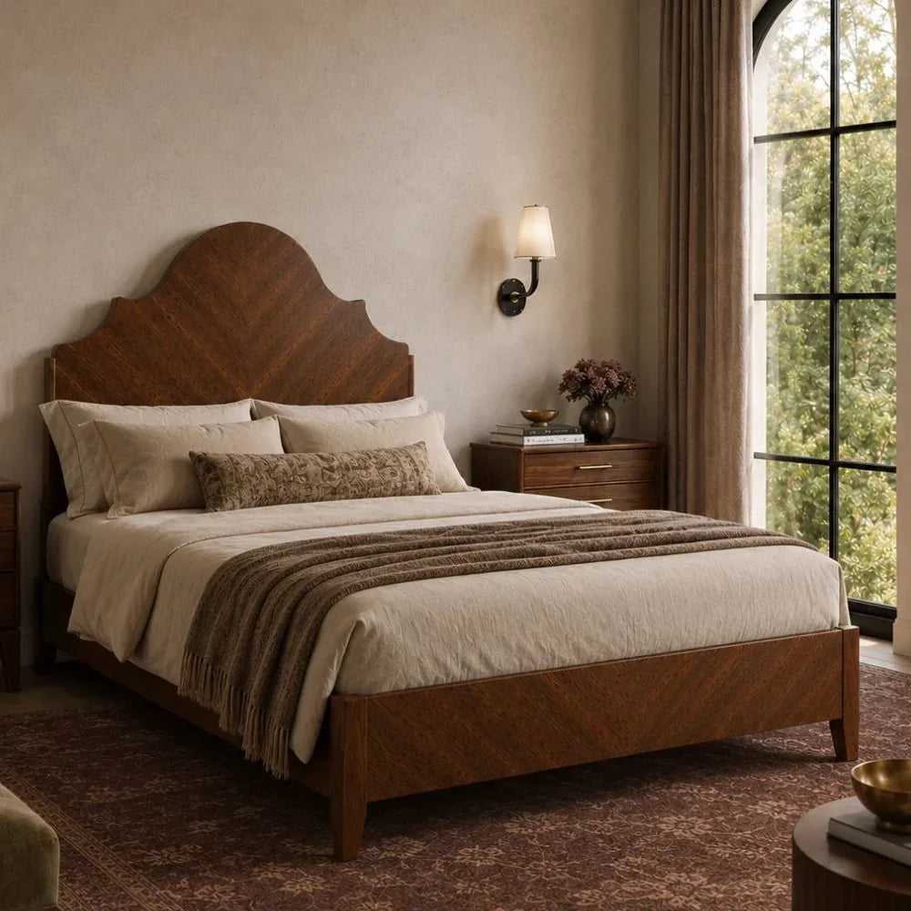 Wood Stained Arched Scalloped Bed