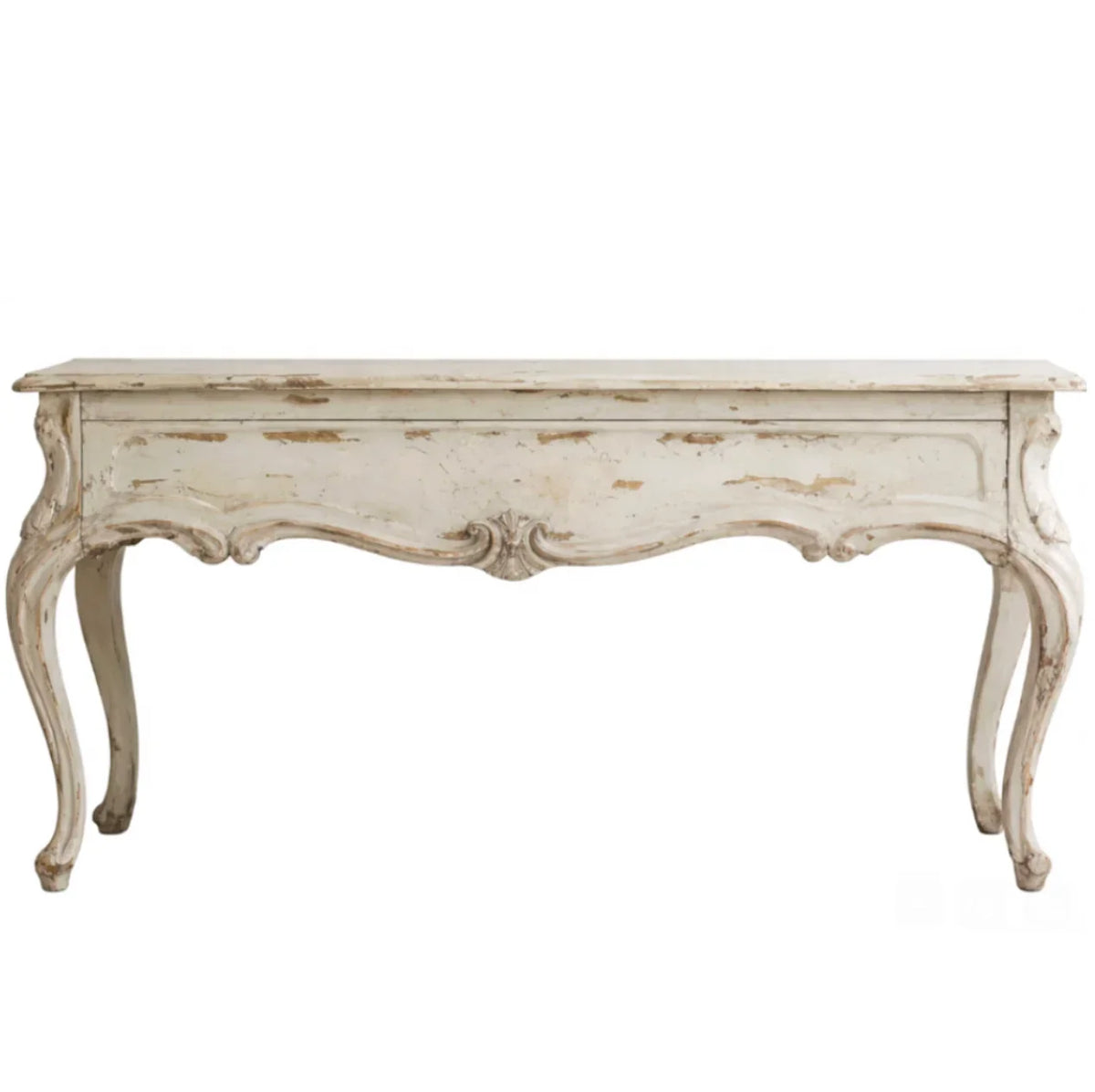 Distressed white French country style console table with ornate carved details