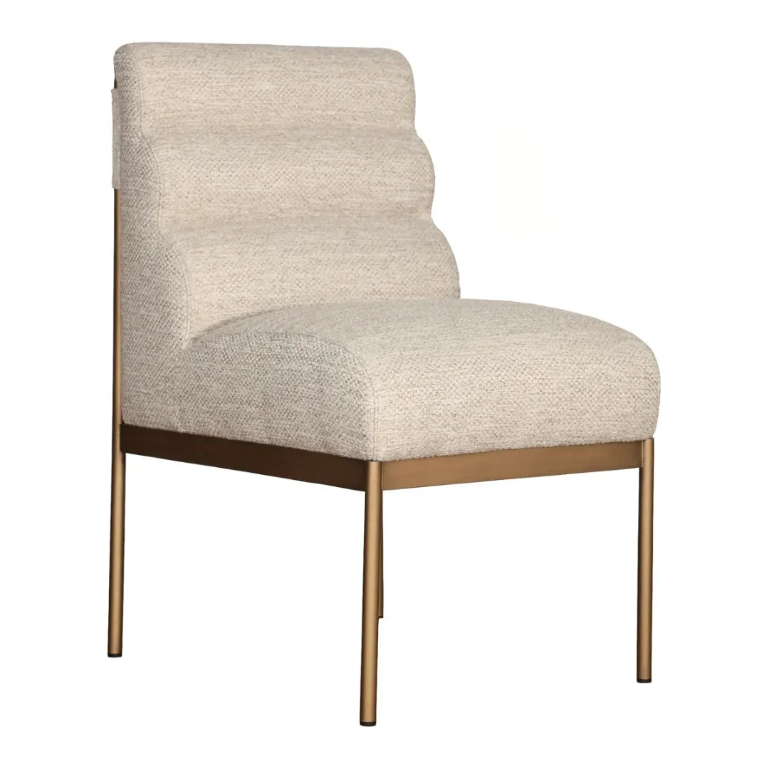 Modern beige upholstered chair with gold metal legs, perfect for farmhouse or coastal decor styles.
